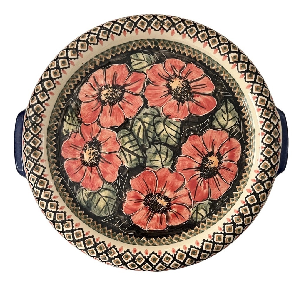 Boleslawiec Polish Pottery Unikat Serving Dish With Handles “Red Garden” Pattern